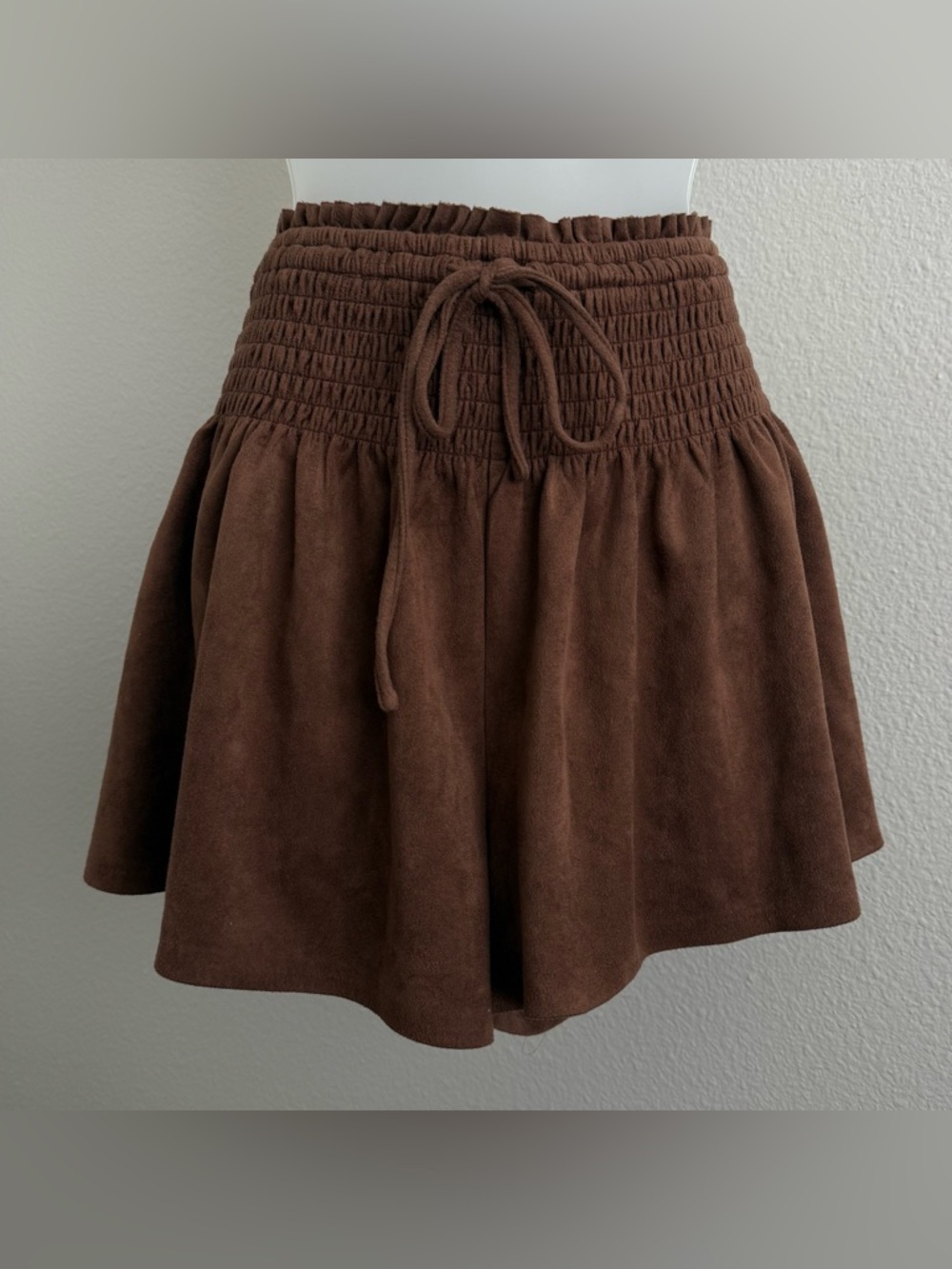 Forest Fairy Coconut Girl Brown Faux Suede Smocked Waist Flare Shorts Size S
